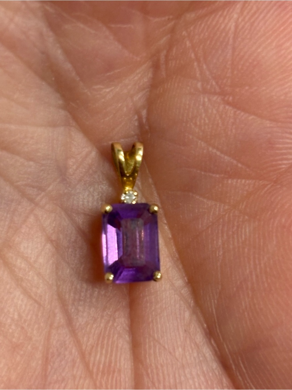 14K gold dainty amethyst and diamond pendant.